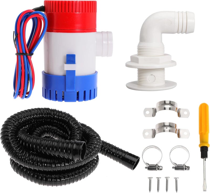 Ciweisah Boat Bilge Plumbing Kit 1-1/8 Inch Dia 12V Non-automatic Bilge Pump kit 1100 GPH with 6FT PVC Bilge Pump Hose (90 Degree Elbow) - Image 1